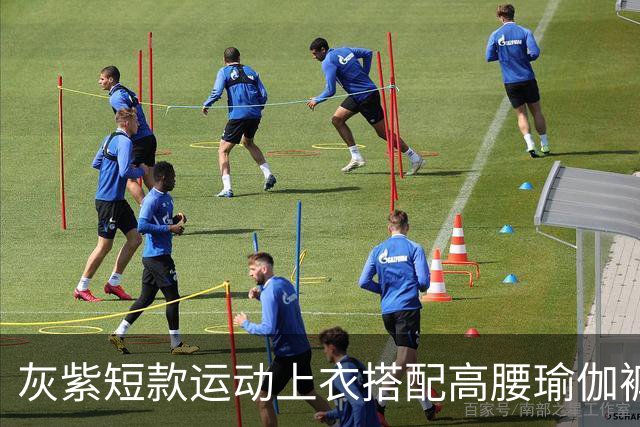 灰紫短款运动上衣搭配高腰瑜伽裤，柔和配色勾勒流畅舒展身材线条